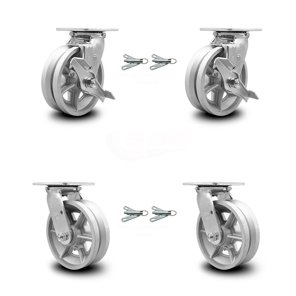 Service Caster 6 Inch V Groove Semi Steel Caster Set with Roller Bearings 4 Swivel Lock 2 Brake SCC-30CS620-VGR-TLB-BSL-2-BSL-2 - main